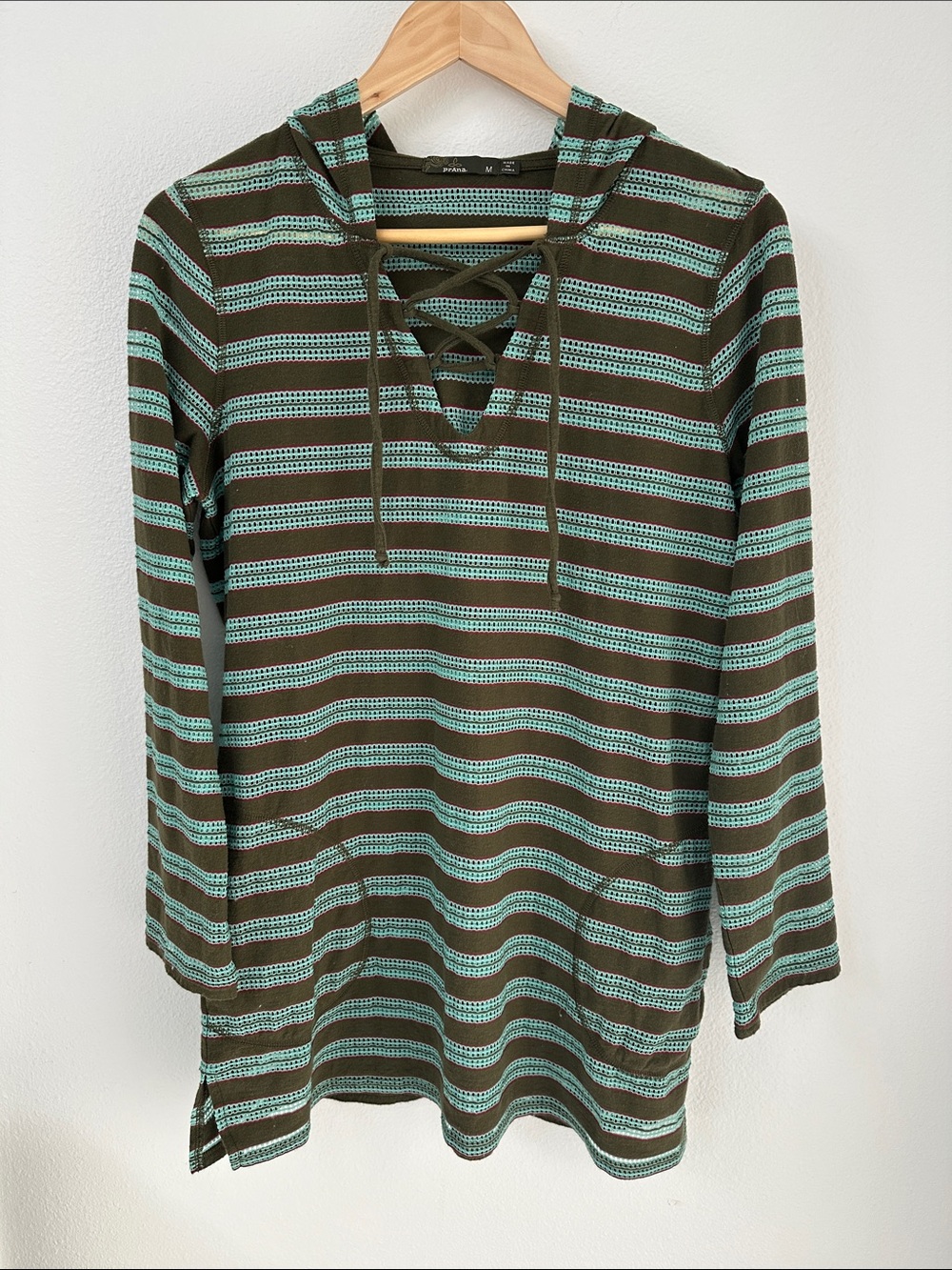 PrAna Alexia Swim Cover Up - Olive & Teal Striped Hooded Tunic, Lace Up Neck